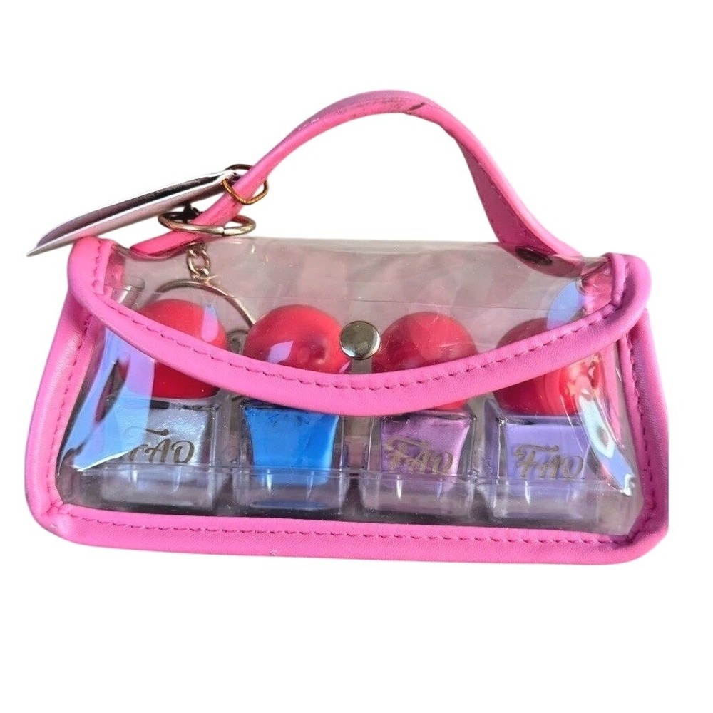 FAO Schwarz 4-Piece Washable Nail Polish Set Pink‎ Clear Mini Keychain Bag Case